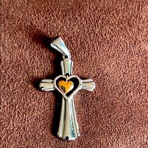 Silver Tone Cross and Copper Open Heart Pendant
